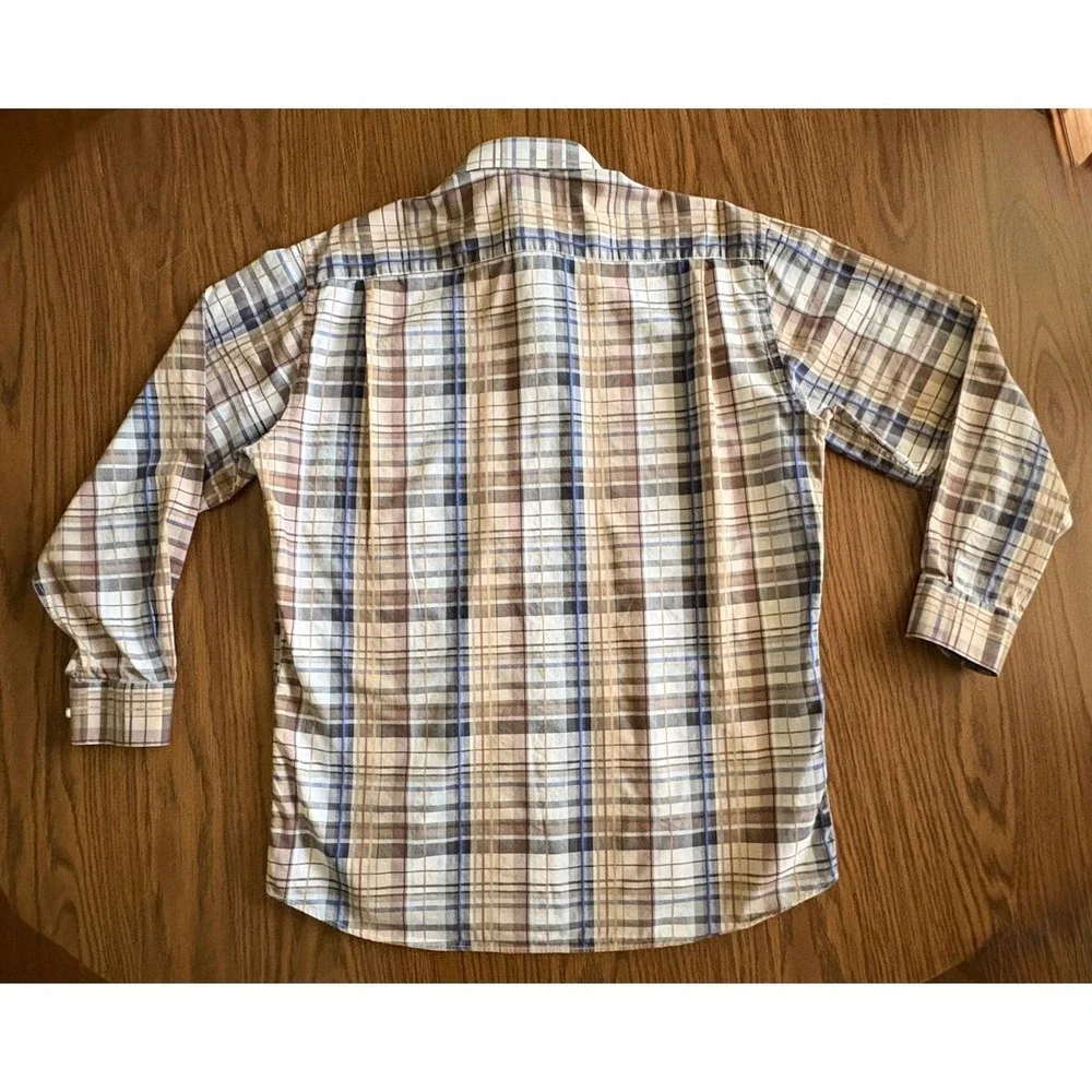 St. Croix Men‎ Button Down Shirt Large Tan Blue Plaid Cotton Italy Pocket EUC!